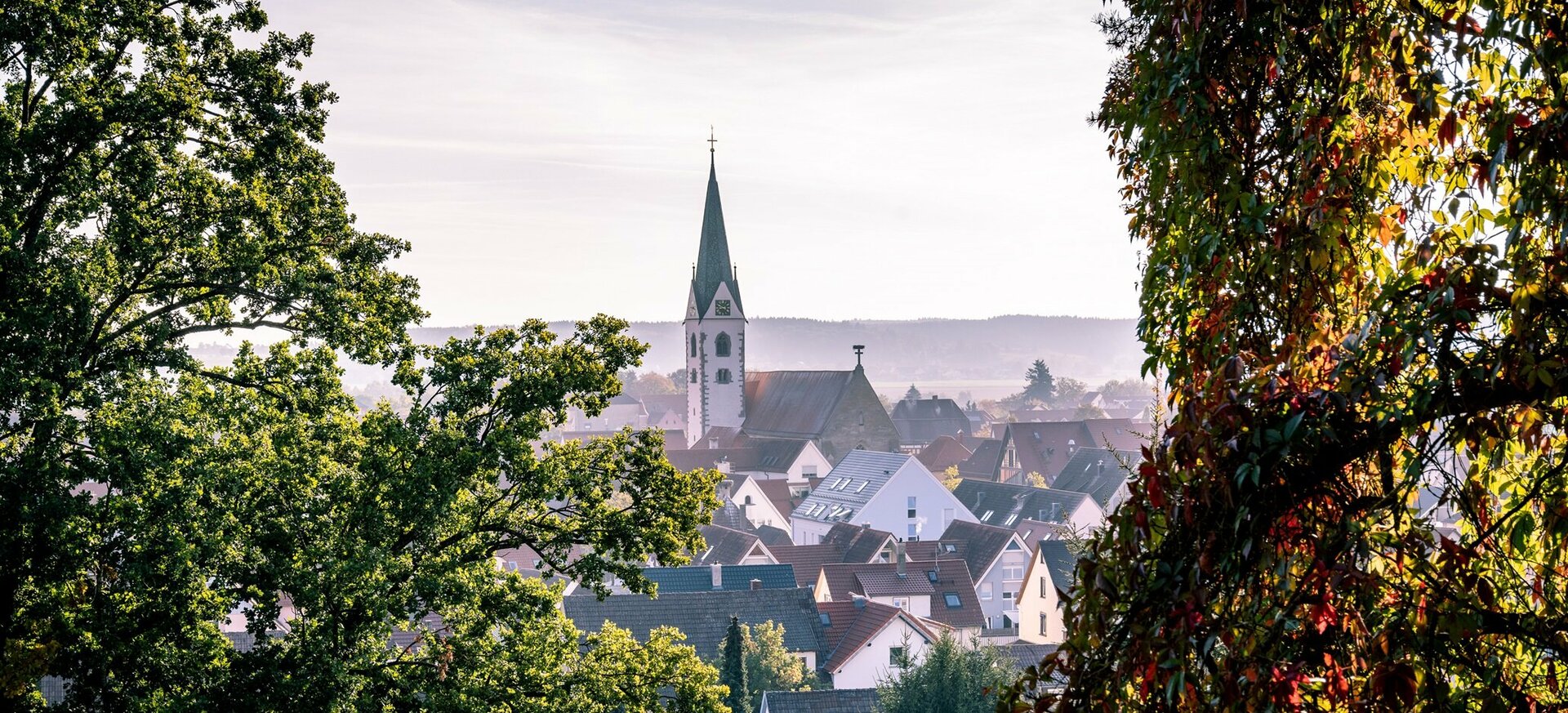 Stadtansicht von Bad Saulgau in Oberschwaben, mit dem markanten Kirchturm im Zentrum, umgeben von dichten grünen Bäumen und herbstlich gefärbtem Laub im Vordergrund.